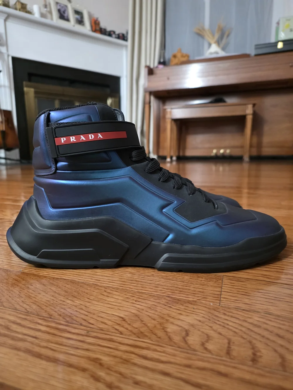 Prada Men’s Iridescent Blue and Black High-Top Sneakers